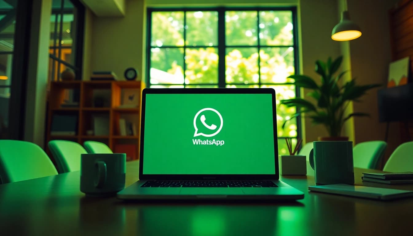 WhatsApp网页版 interface displayed on a laptop in a modern workspace.