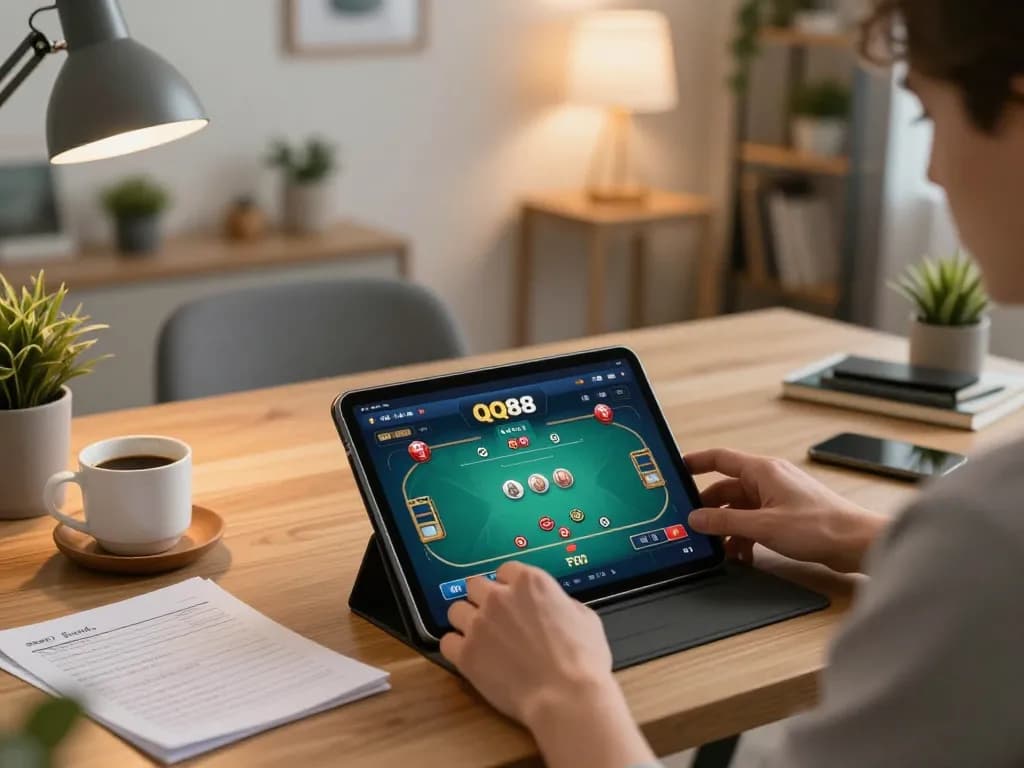 A player engages in QQ88 online gaming strategy from a cozy home setup with tablet and notes.
