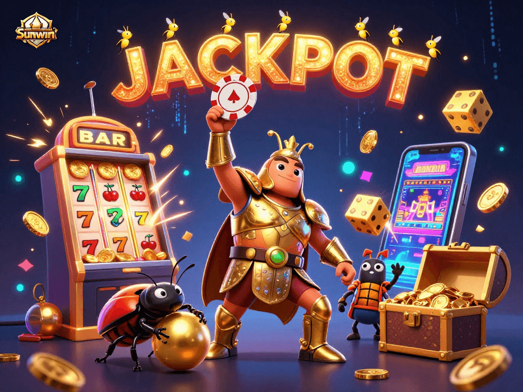 Experience sunwin with a triumphant beetle and vibrant casino elements showcasing jackpots.