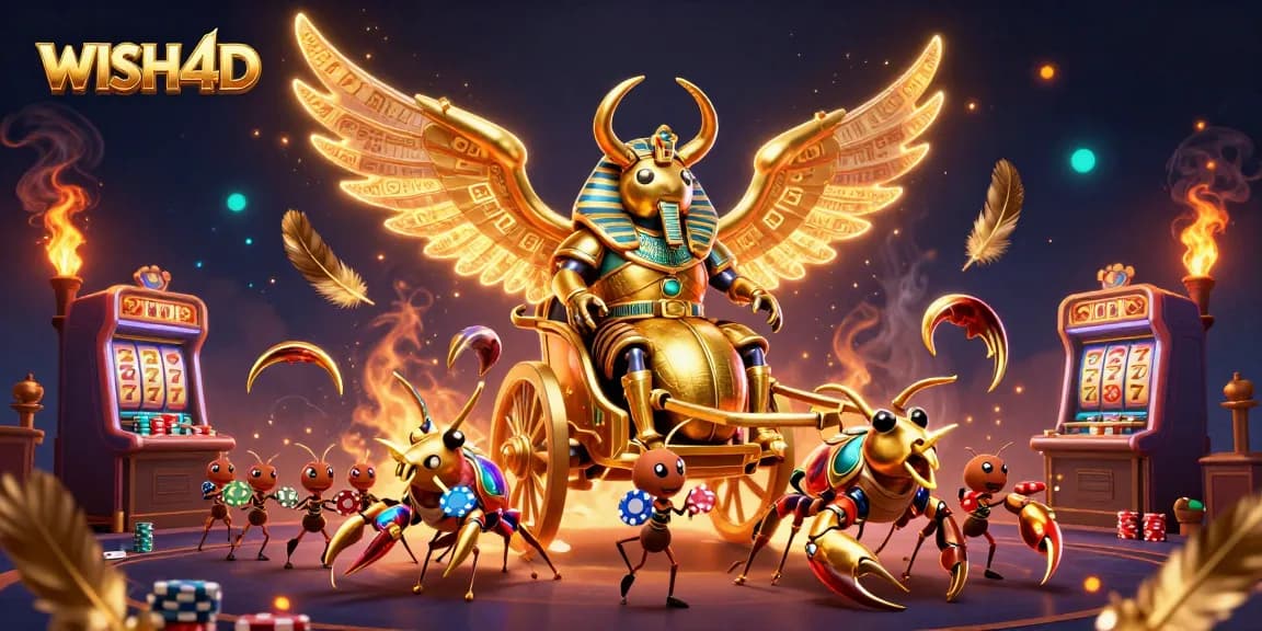 Experience the excitement of WISH4D with a dynamic casino scene featuring a pharaoh scarab and poker elements.