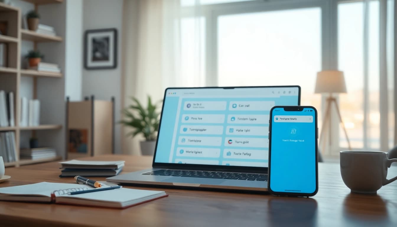 Showcasing the 有道翻译 app on modern devices in a cozy study.