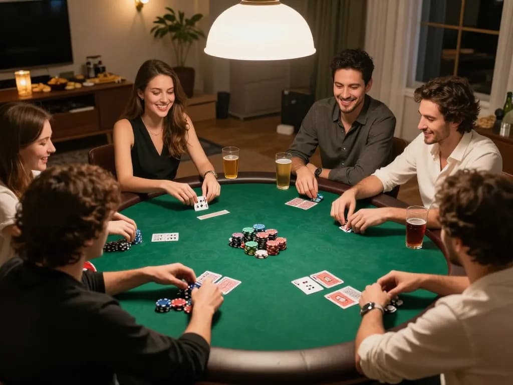 Rokok88 players enjoying a friendly home poker game, chips and cards in action during gameplay.
