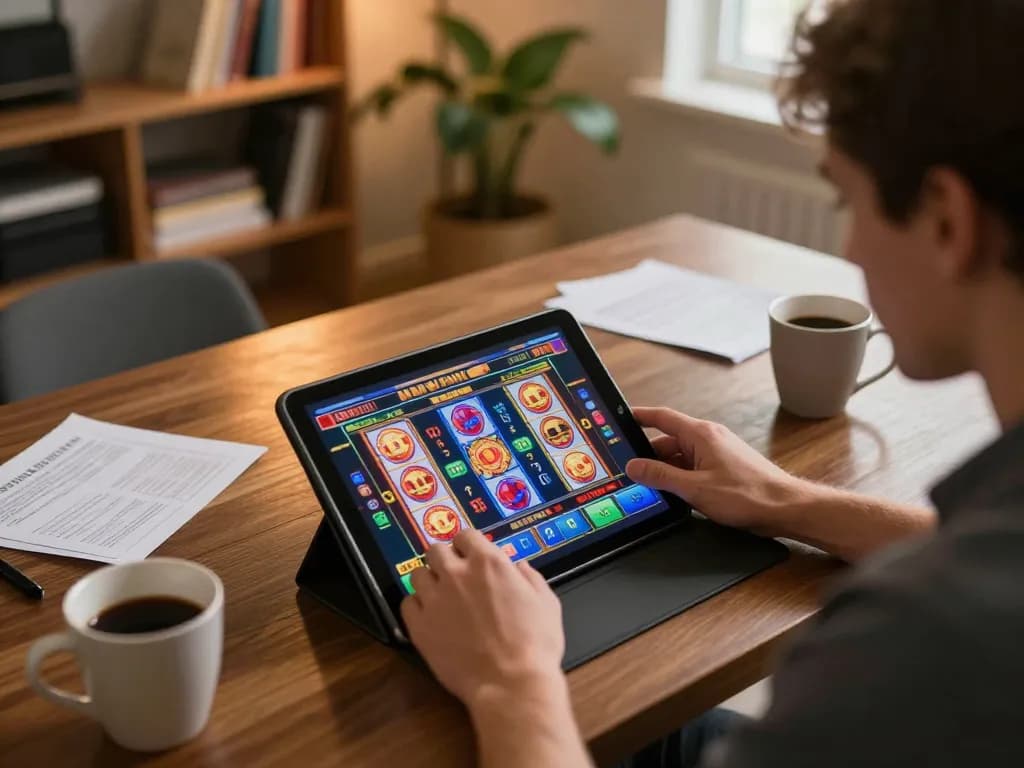 Player engaging with slot games on a tablet, showcasing strategic online gambling atmosphere.