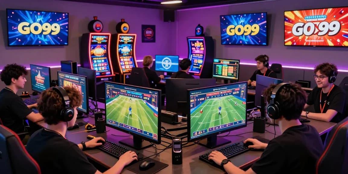 Dynamic GO99 gaming experience with players engaging in sports betting and vibrant casino screens.