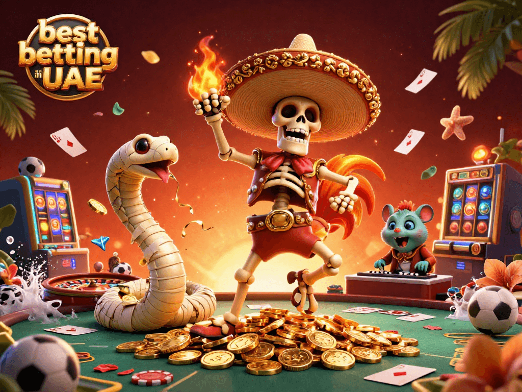 Engaging 3D scene showcasing the best betting sites in UAE with animated characters around casino elements for a vibrant gaming atmosphere.
