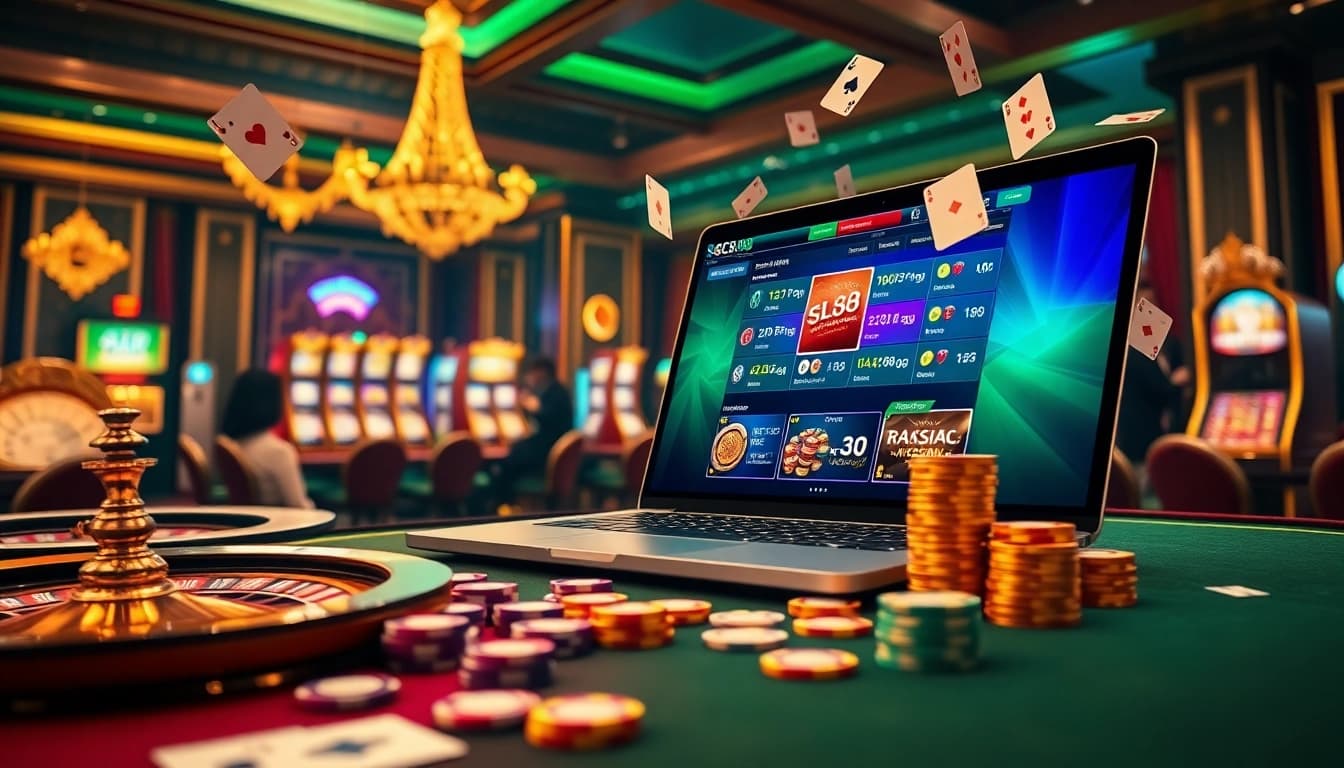 SC88 online casino gaming scene with vibrant lights and luxury elements, showcasing poker games.