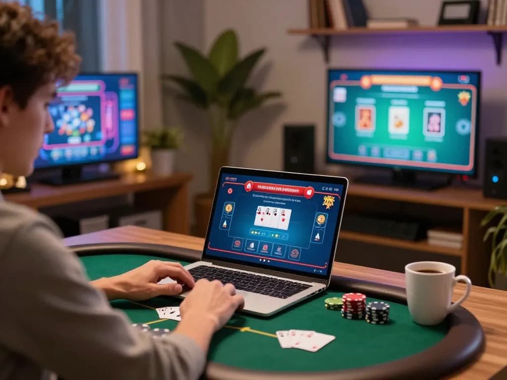 Engaging poker gameplay on okwin's online platform, with cozy home setting and multiple screens