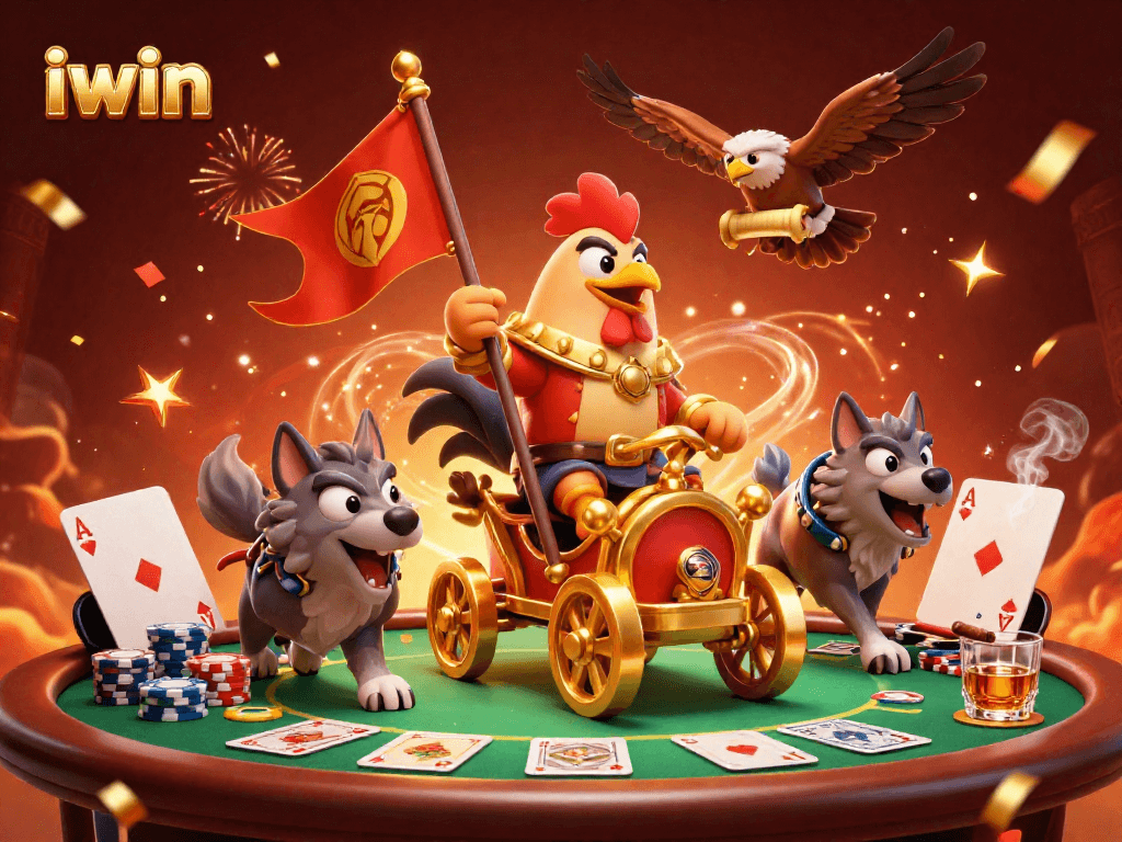 Join the iwin gaming adventure with a rooster warlord leading a thrilling poker game.