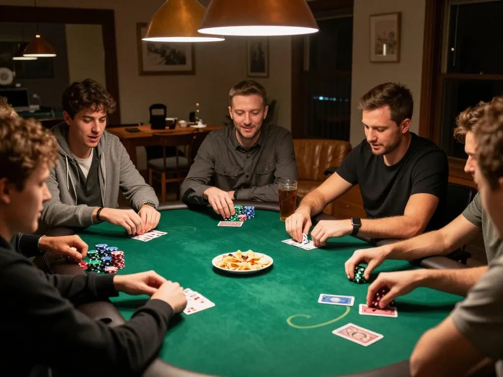 Enjoy friends playing game bài đổi thưởng poker at home with snacks and drinks.