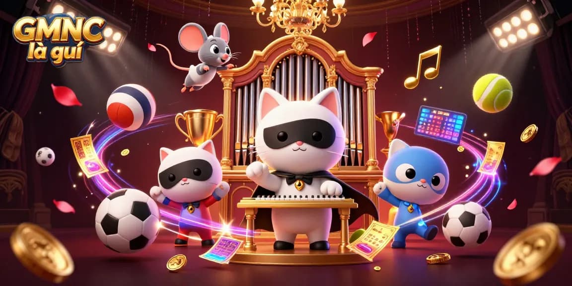 Experience GMNC là gì with the engaging casino-themed illustration showcasing a phantom cat and sports elements.