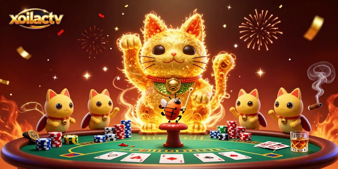 Experience the magic of xoilactv as a golden cat symbolizes gambling excitement with poker and vibrant visuals.