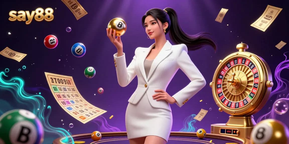 Engage with say88's vibrant casino atmosphere featuring a confident Asian woman holding a roulette ball, surrounded by dynamic lottery elements.