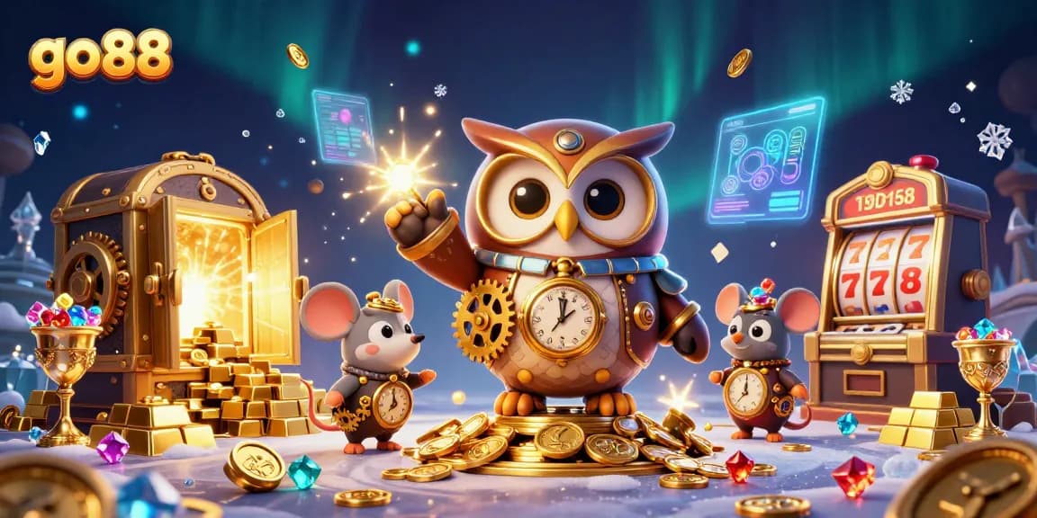 Experience thrilling casino adventures with go 88, featuring a whimsical steampunk owl and vibrant slot elements in a dazzling 3D illustration.