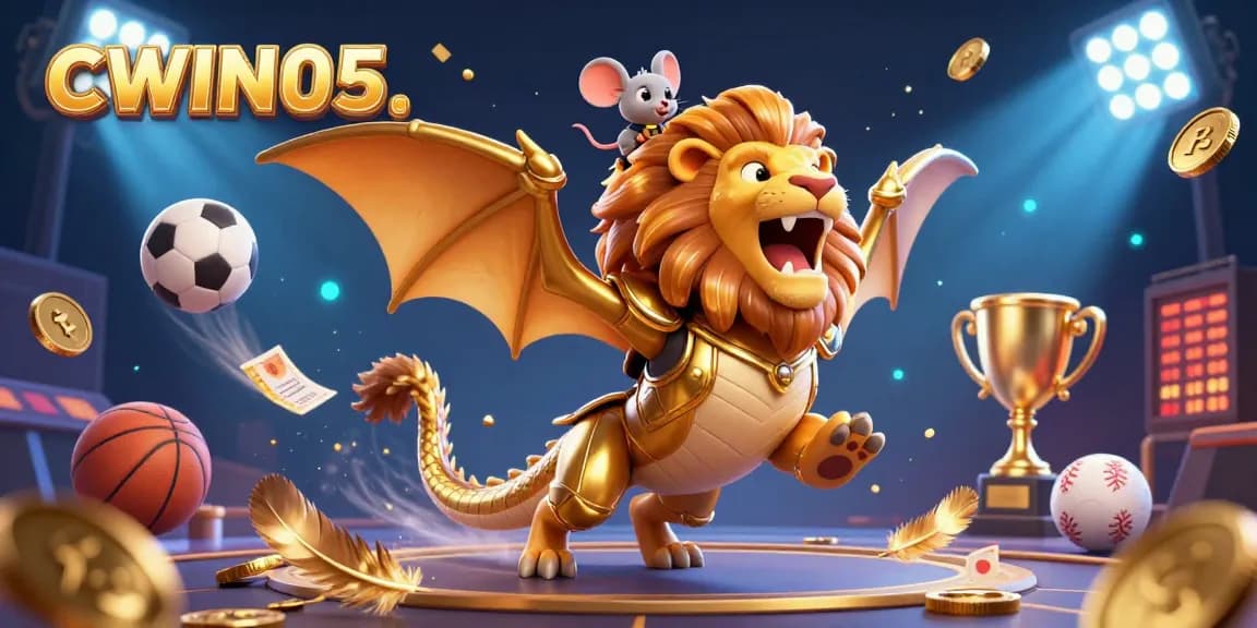 CWIN05 showcases a 3D chimera and mouse jockey celebrating with flying sports balls, enriching the casino experience.