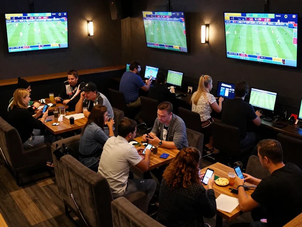 Engaged sports bettors examining kèo nhà cái on mobile devices in a lively sports bar setting