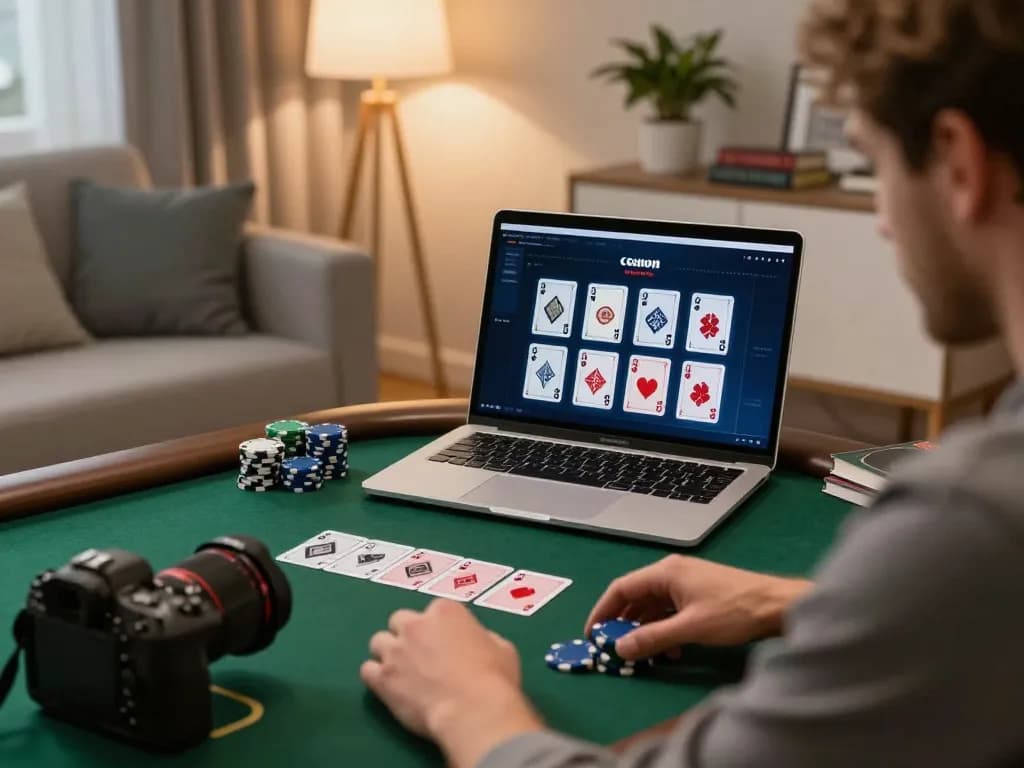 Engaged player at home using a laptop for online poker at c168, with focused expressions and game cards visible.
