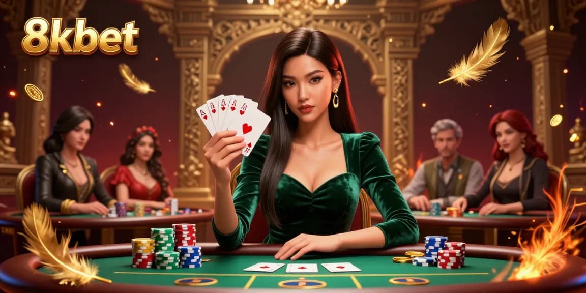 Experience high-stakes poker with 8xbet's vibrant visuals and stunning atmosphere in this captivating illustration.
