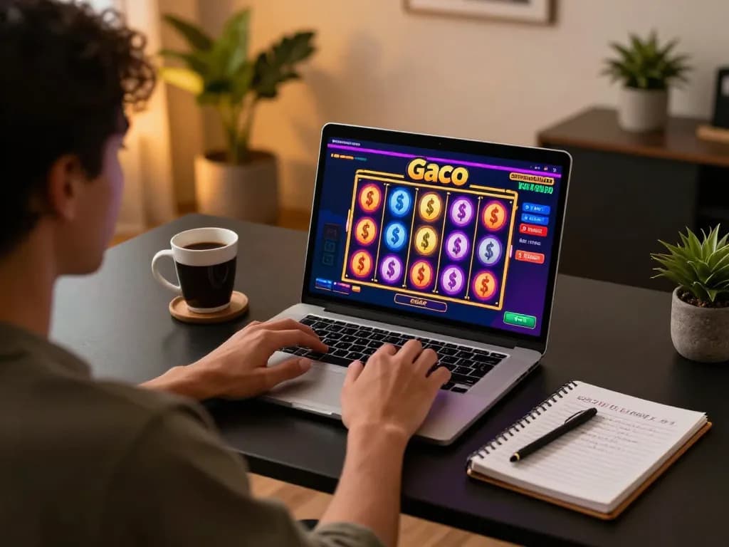 Engaging online gaming scene showcasing a player enjoying slot gaco on a laptop at home.
