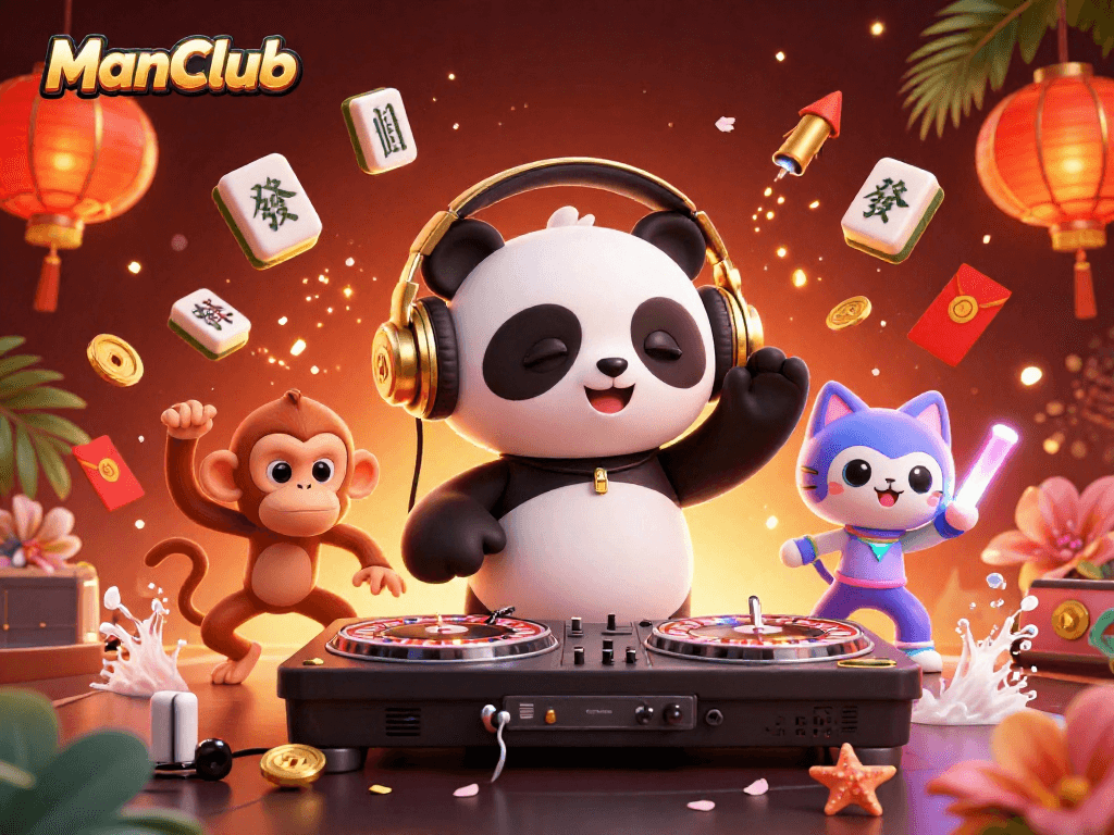 Experience the excitement of ManClub with a DJ panda, breakdancing monkey, and rave kitten amidst stunning casino elements.