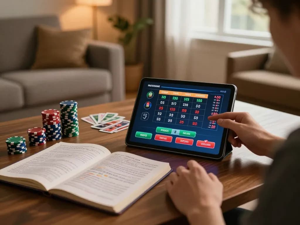 Person strategizing for online gambling at home with tylekeo betting notes and tablet.