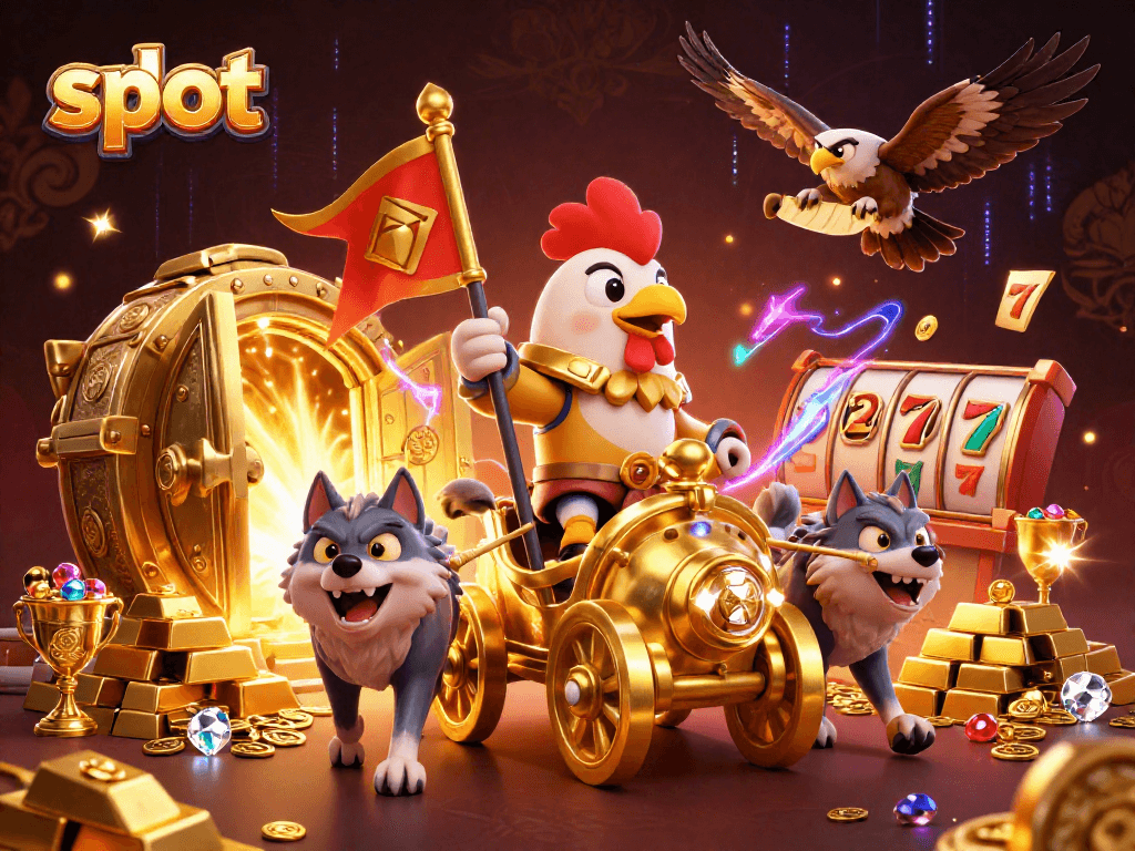 Experience thrilling slot action with a rooster warlord and gold treasures in this dynamic casino illustration.