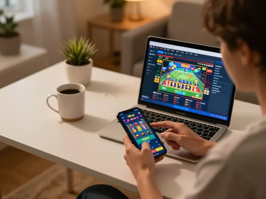 A player engaging in rikvip's mobile casino app on their smartphone, seamlessly blending entertainment with strategy.