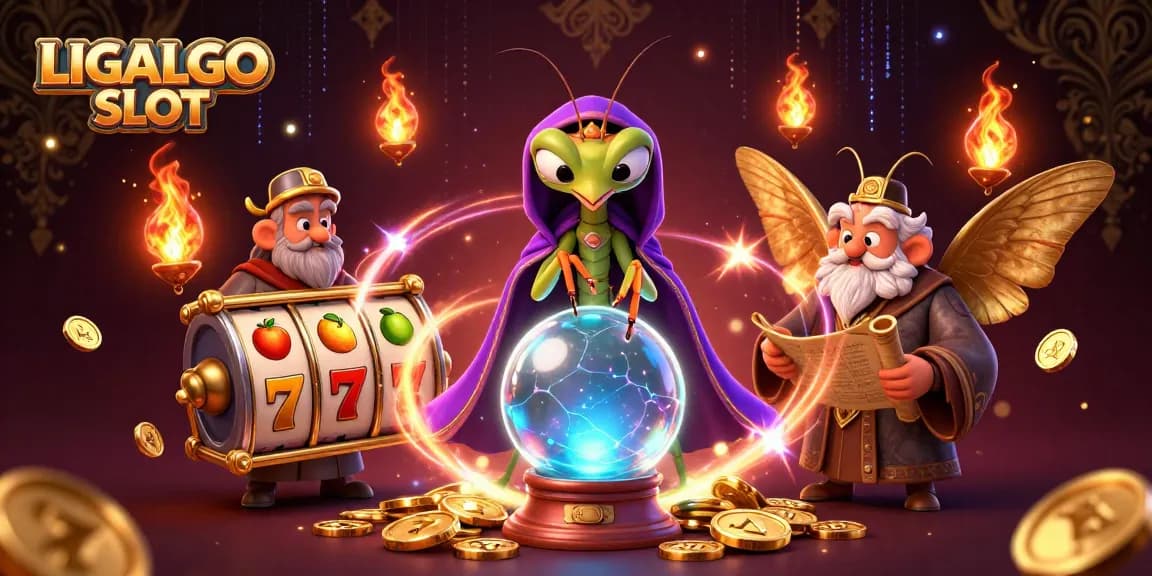 LIGALGO SLOT vibrant illustration showcasing a fortune teller and moth librarian amidst slot reels and lucky symbols.