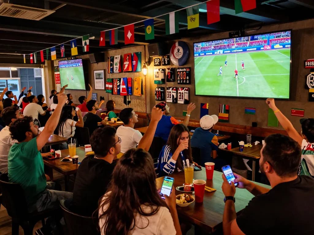 Fans celebrate during World Cup 2026 matches while actively placing bets in a lively sports bar.