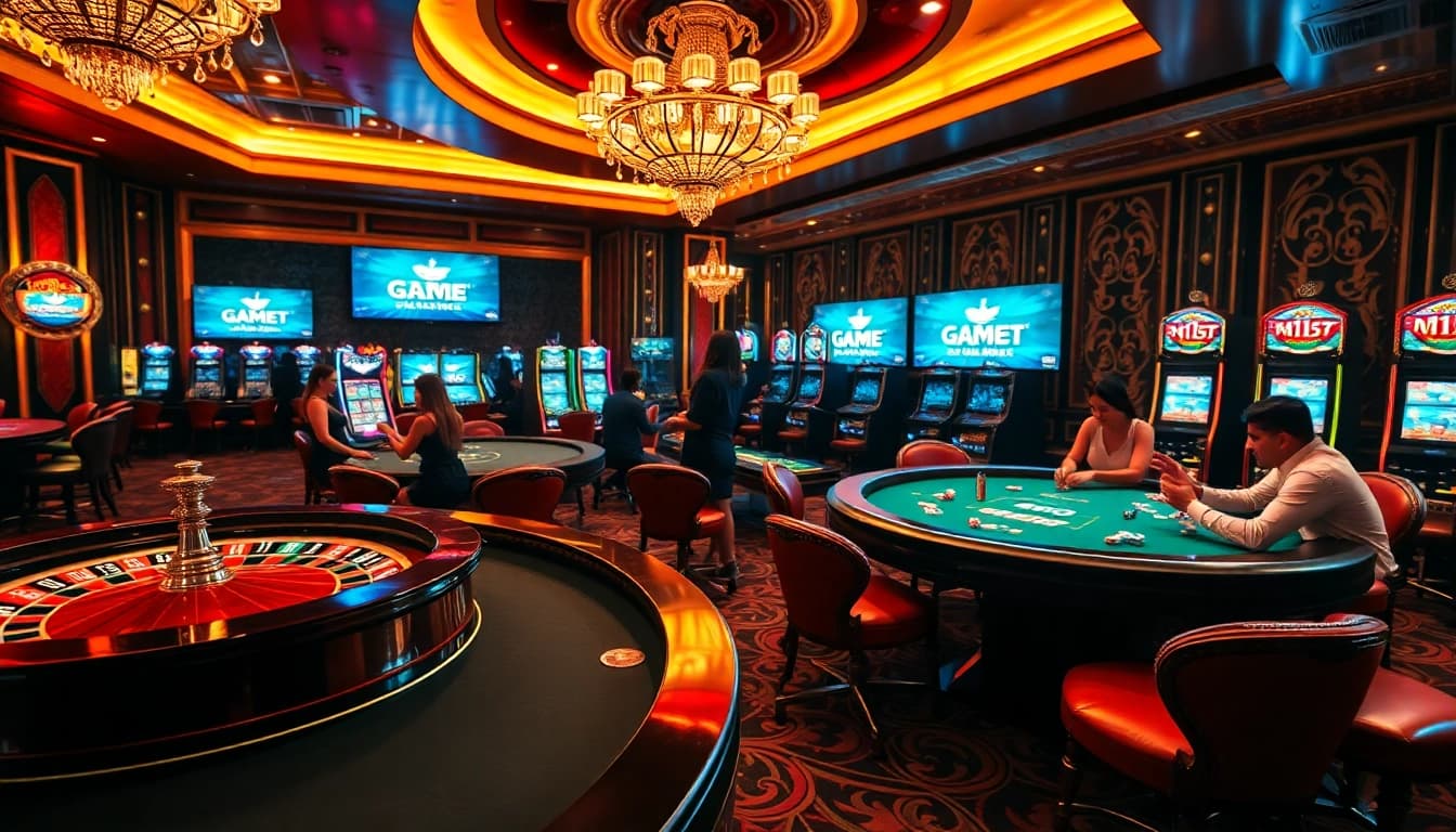 Experience the thrill of Game 11bet with a vibrant casino scene featuring poker tables and slot machines.