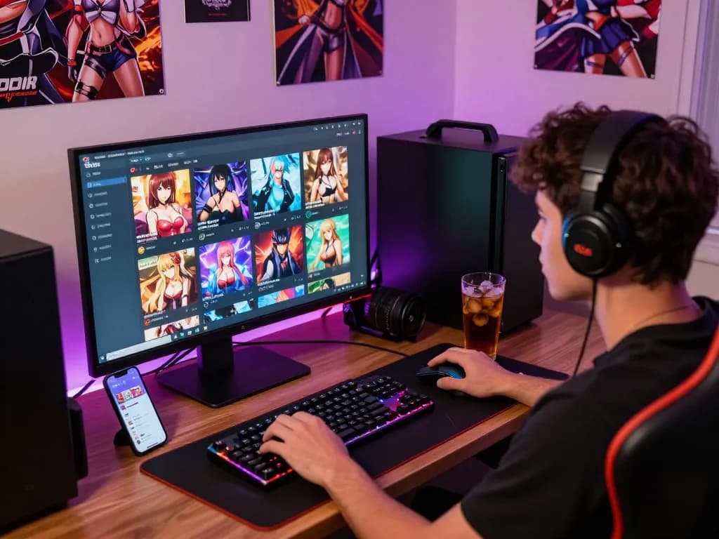 Player enjoying a selection of hentai games on a high-resolution monitor, neon-lit gaming setup, and immersive atmosphere.