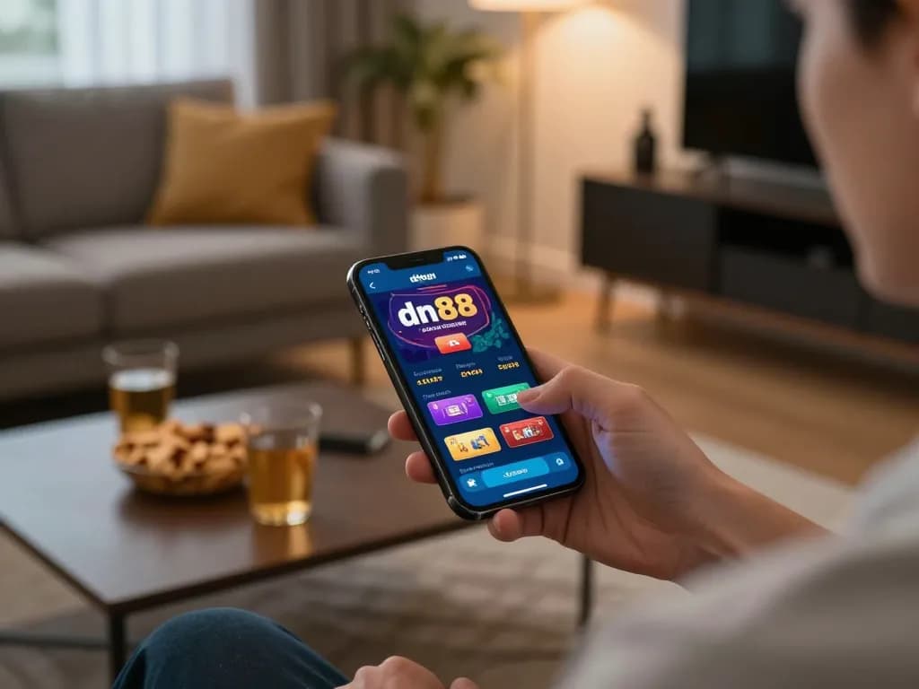 Engaged player using app dn88 for casino gaming on smartphone in a cozy home setting