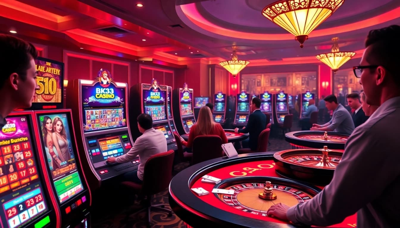 Players enjoying the thrilling experience of bk33 online gaming with vibrant slot machines and poker tables.