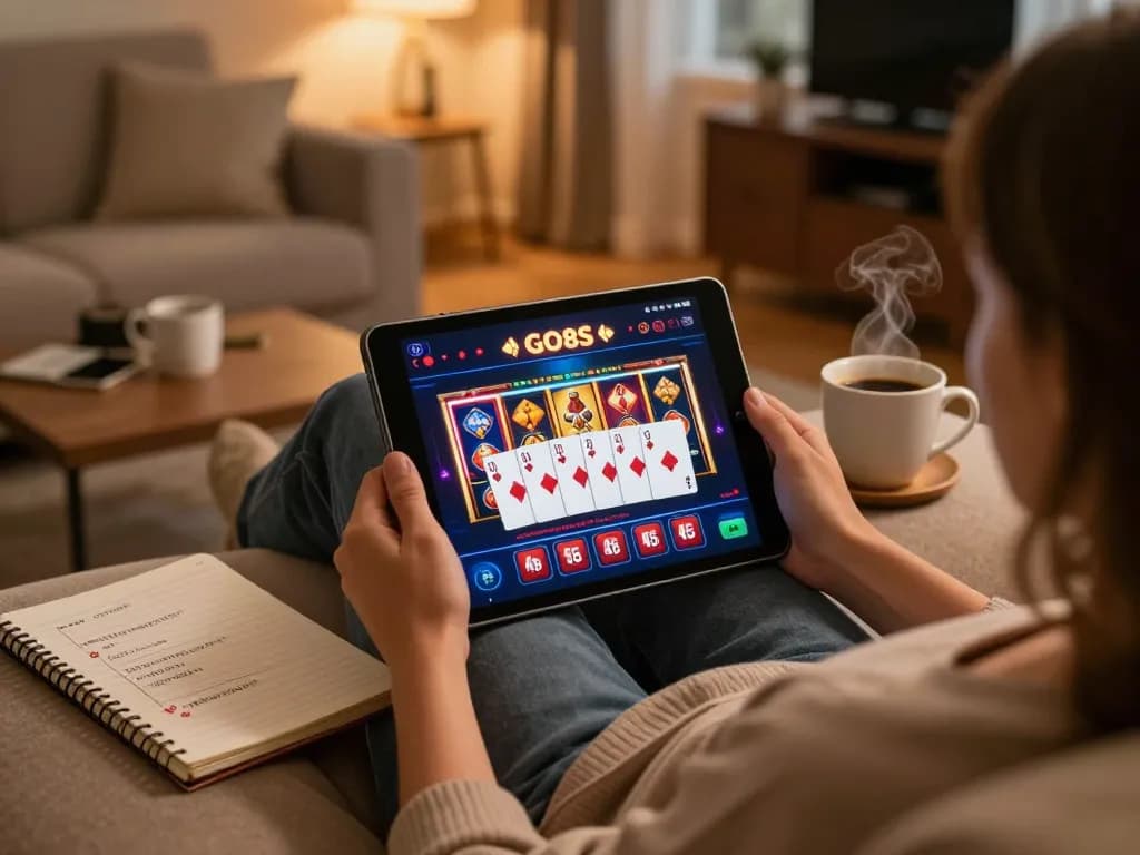 Player engaging with go8s on tablet, analyzing poker strategy at home, warm and inviting environment