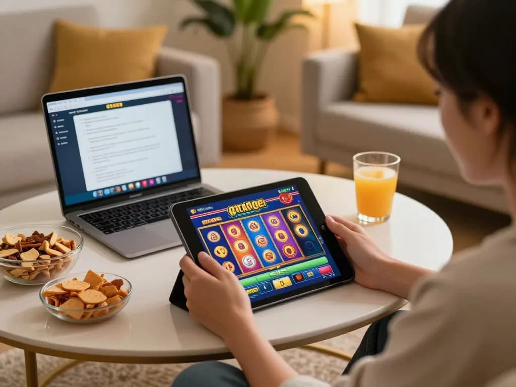 Engaging gameplay on gtatogel slot machines displayed on a tablet in a cozy home setting