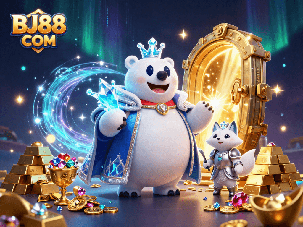 Win grand jackpots at BJ88 COM with a magical cartoon casino scene bursting with treasures.