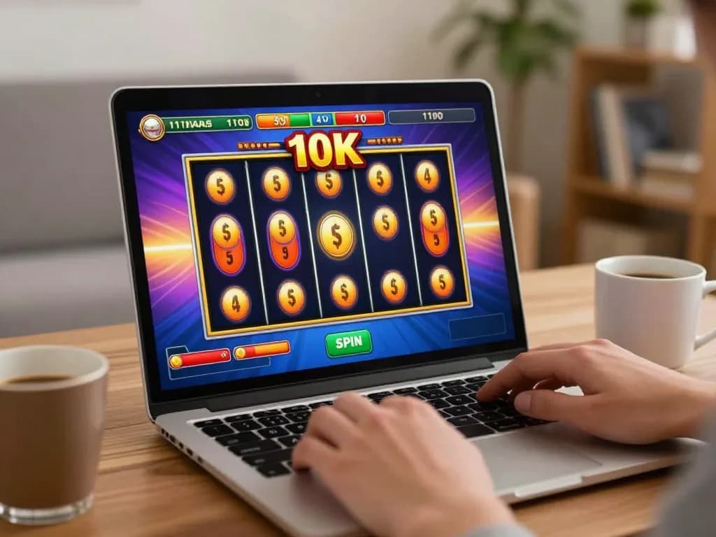 Player spinning the reels on the slot 10k game at home for an exciting online gambling experience