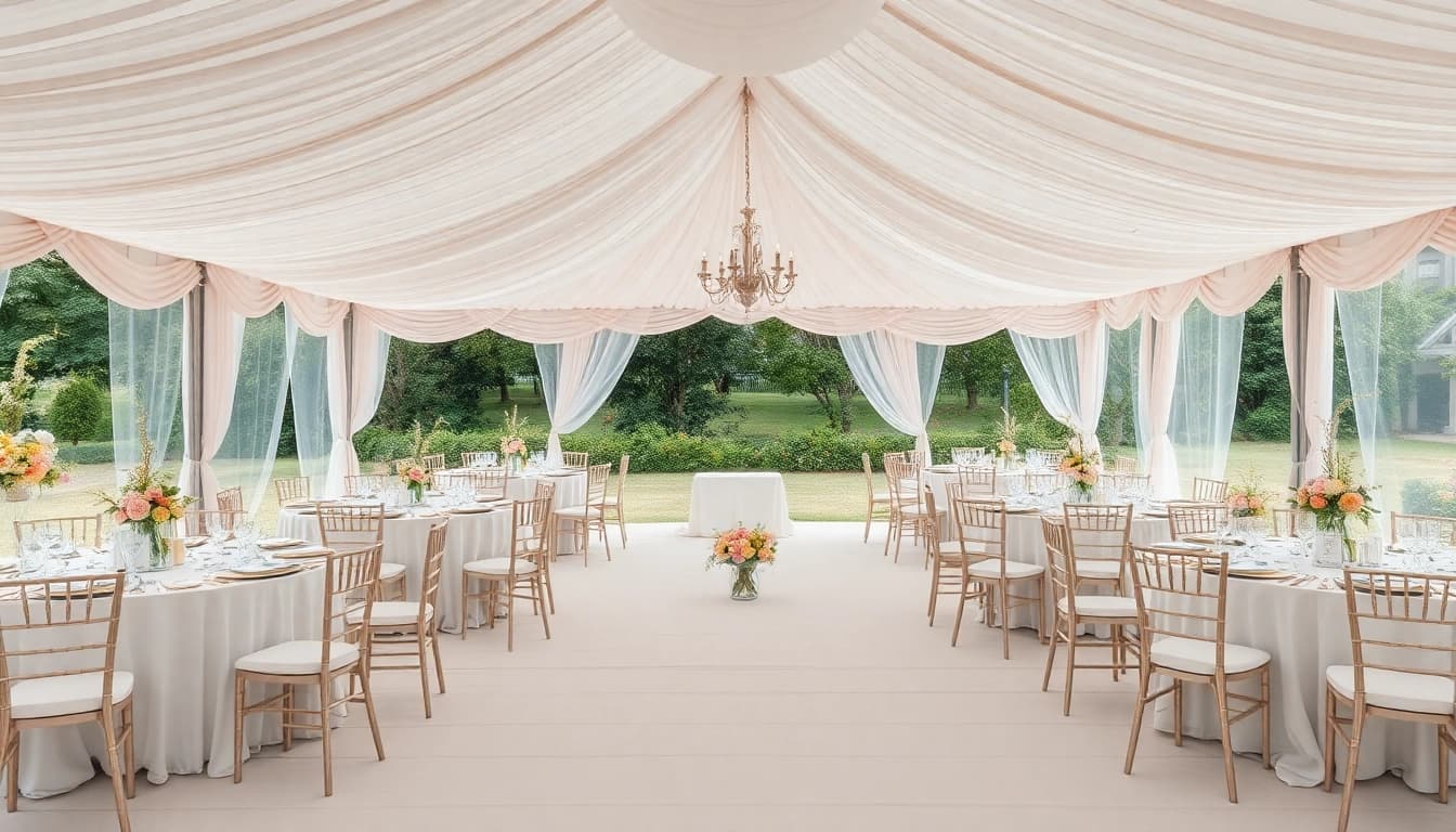Stunning wedding tent chair & table rentals arranged beautifully in a garden setting.