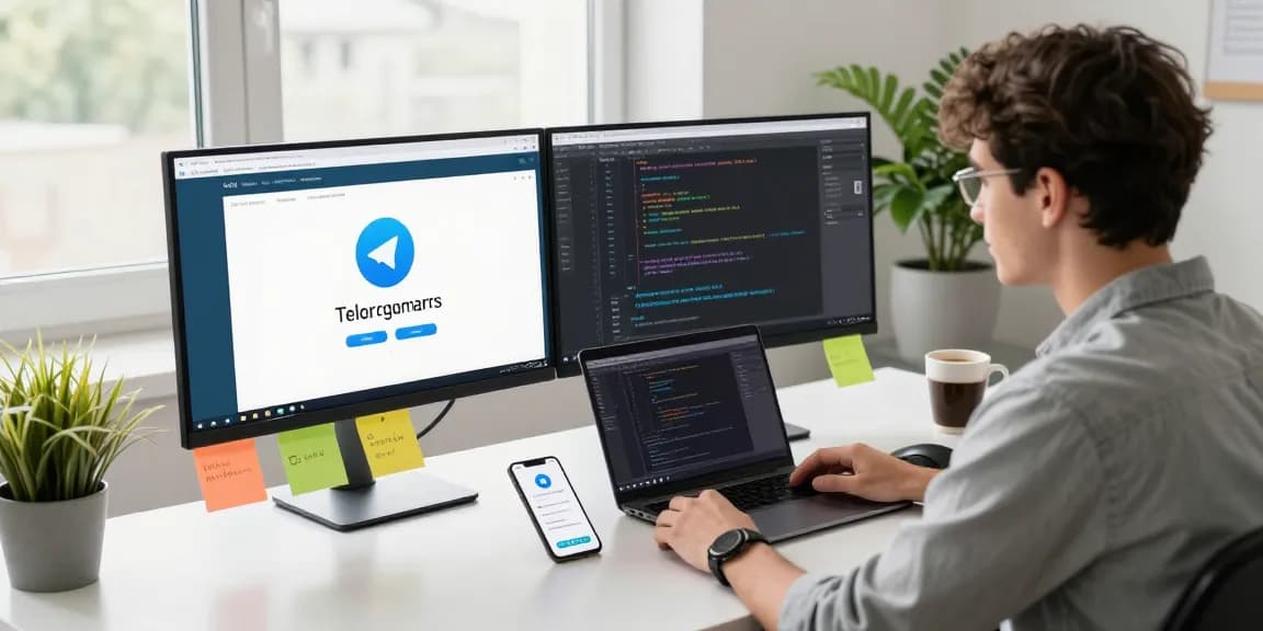 Experience seamless communication with Telegram download in a vibrant tech workspace, featuring coding and design.