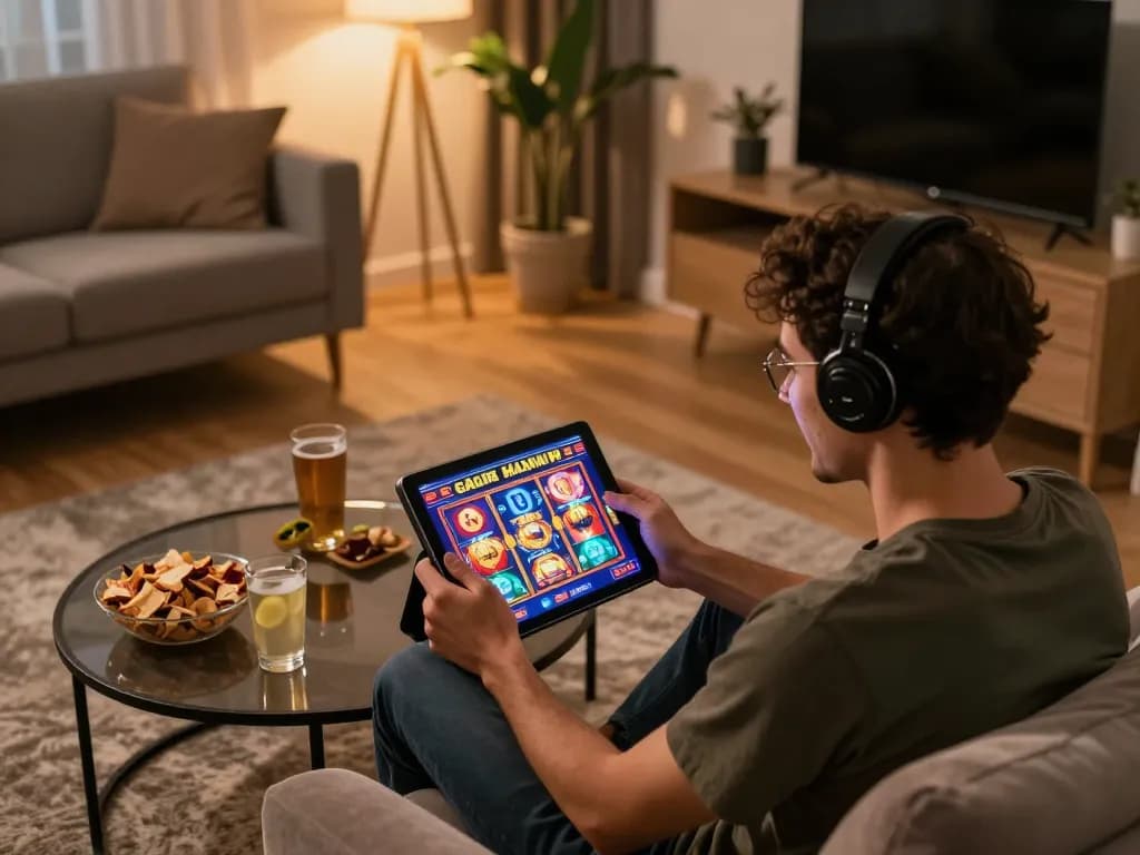 Player enjoying a thrilling slot gacor maxwin game on a tablet in a cozy home environment
