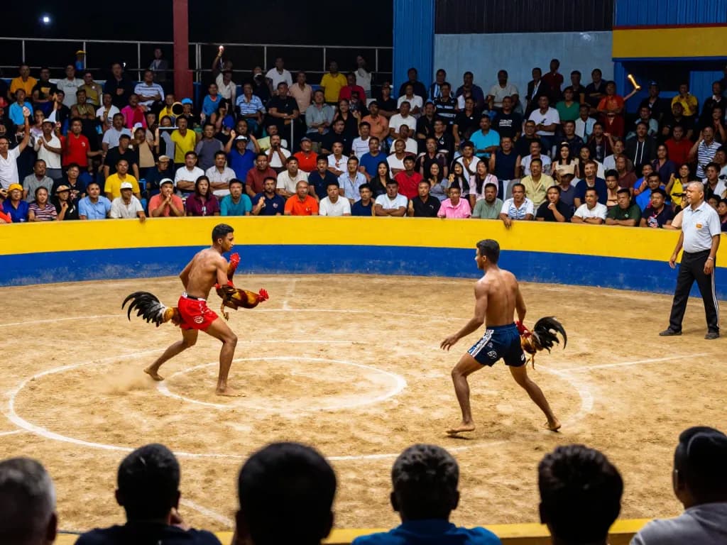 Watch thrilling live cockfighting action with đá gà cựa sắt campuchia in a vibrant arena.
