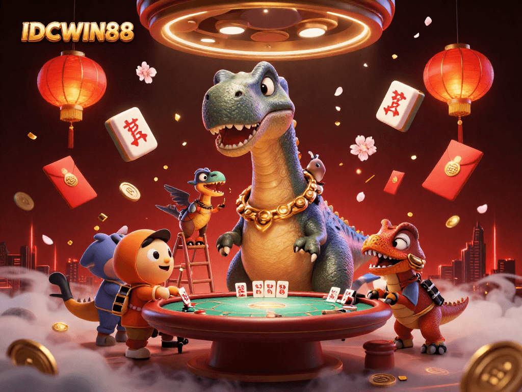 Experience IDCWIN88 casino excitement with a dino dealer and vibrant gaming elements.
