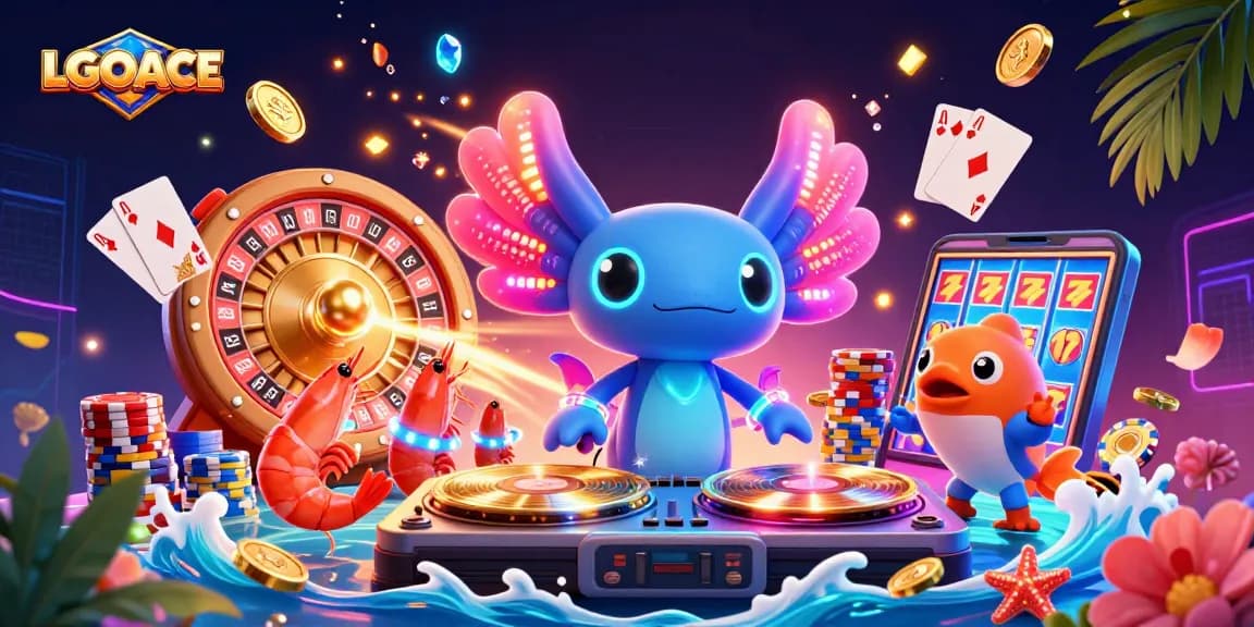 LGOACE captivates with a vibrant scene of a neon axolotl DJ amidst dazzling casino elements.