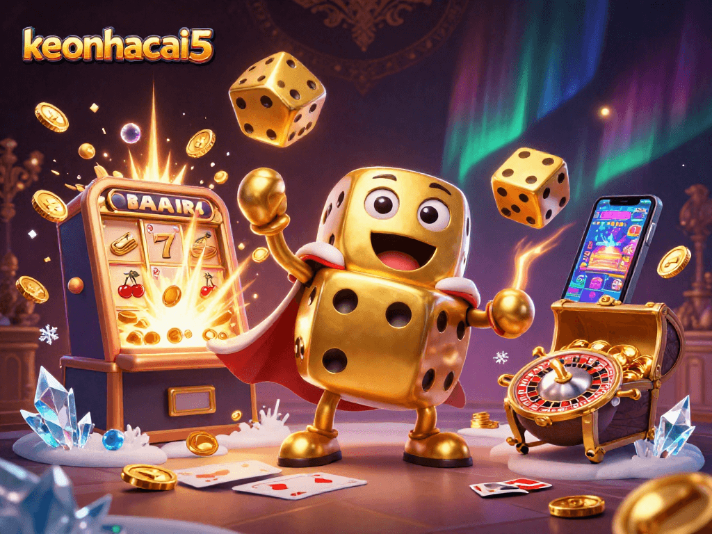 Experience the excitement at keonhacai5 with a vibrant 3D casino themed illustration showcasing dice, slots, and festive elements.