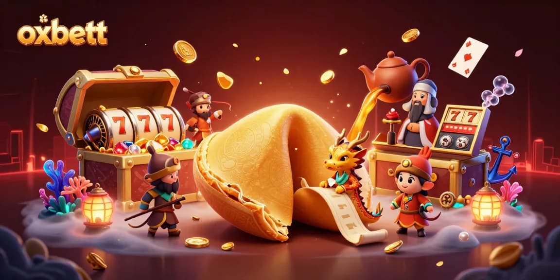 Experience exciting gaming with oxbett at a vibrant casino illustration featuring golden fortune cookie characters.
