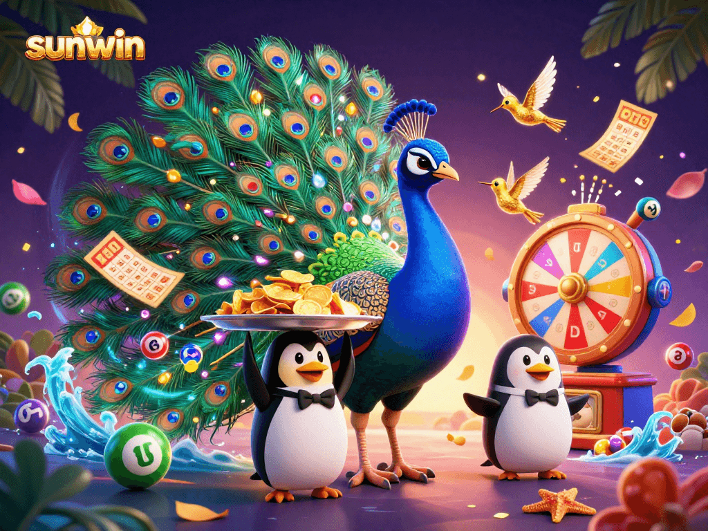 Engage with sunwin's vibrant 3D scene featuring a delightful peacock and exciting lottery elements.