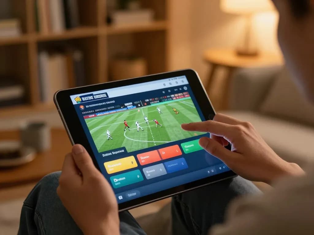 Engaging sports betting action on a tablet, showcasing tx88 users placing live bets with excitement.