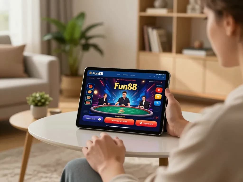 Play Fun88 online casino games on a tablet in a cozy living room setting.