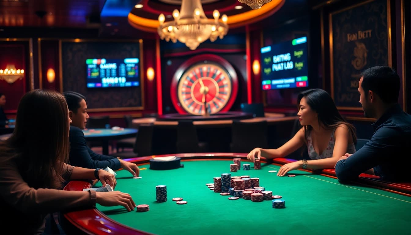 Engaged players strategizing at a poker table in a luxury casino with Kèo nhà cái odds displayed.