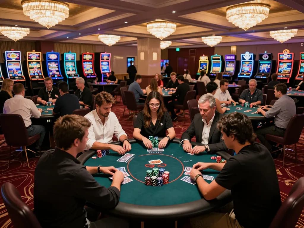 Players engaged at a rik vip poker tournament table, showcasing strategies and colorful chips.