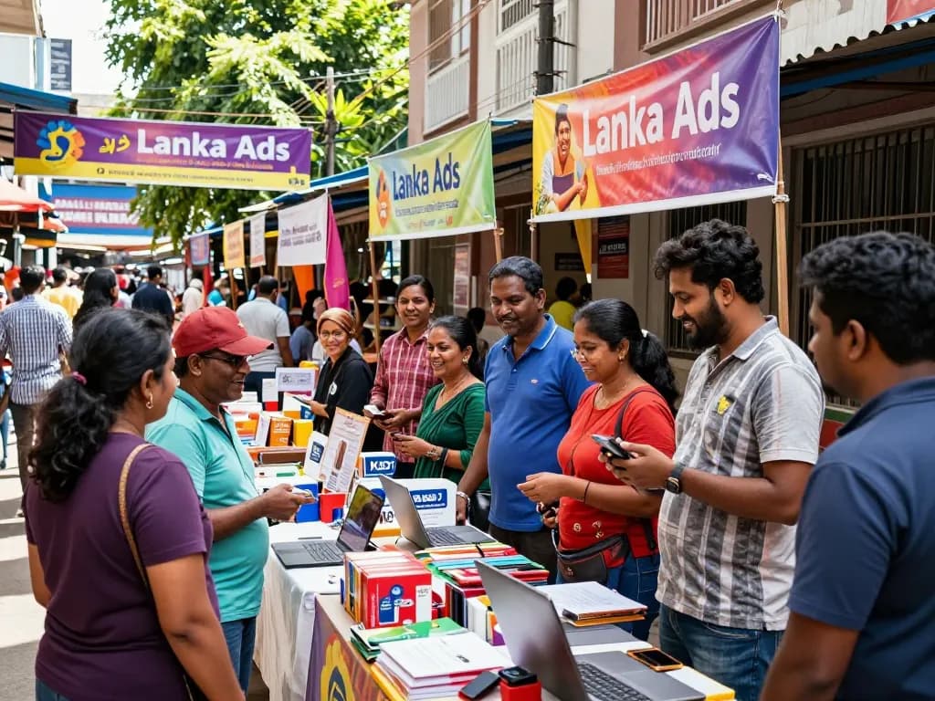 Lanka Ads vibrant marketplace scene with community engagement and local businesses.